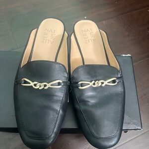 Naturalizer Black Slip-On Mule Loafers with Gold Chain Accent
